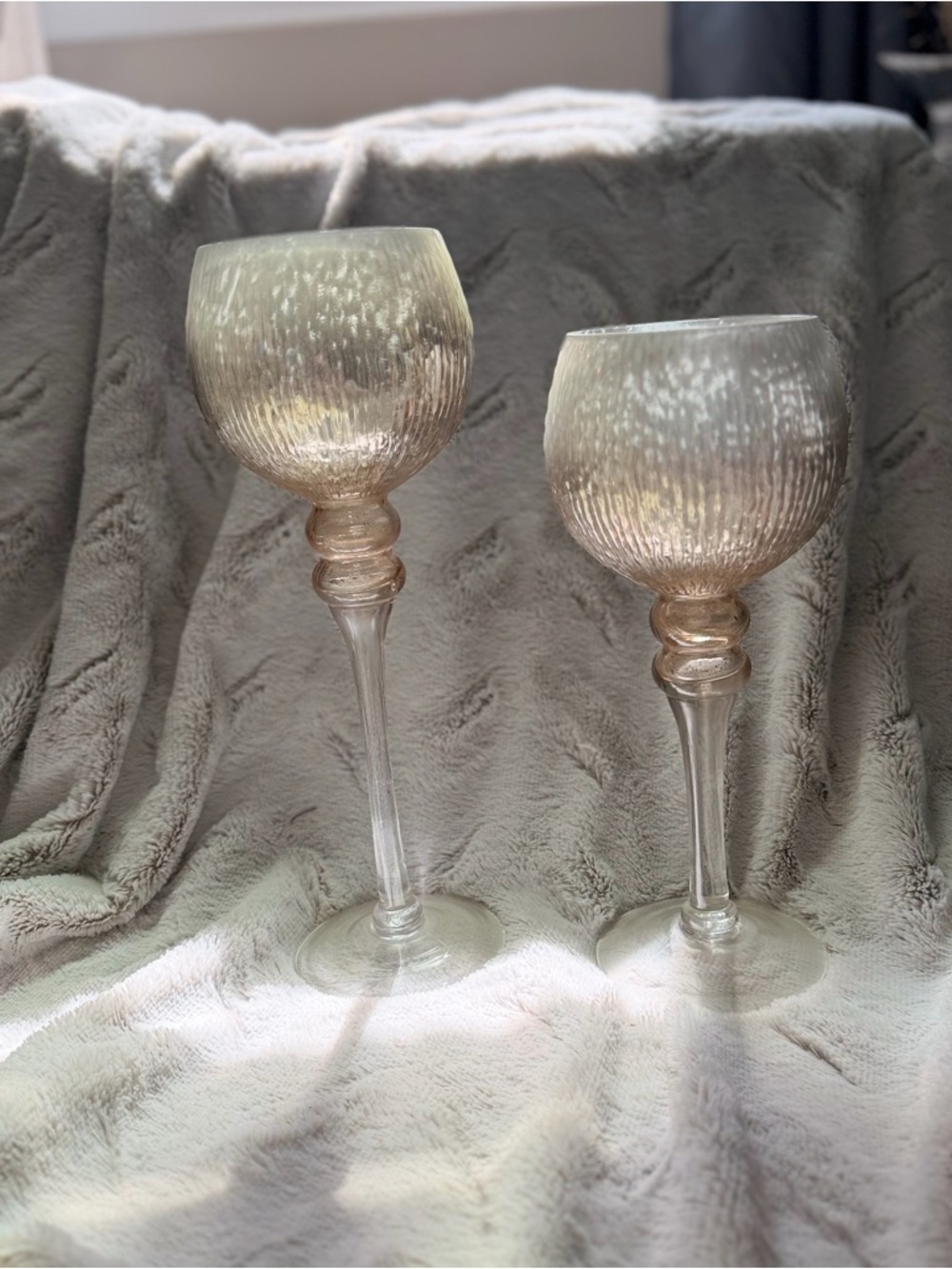 Pair of Decorative Tall Textured Glass Goblets - Pale Gold Tint